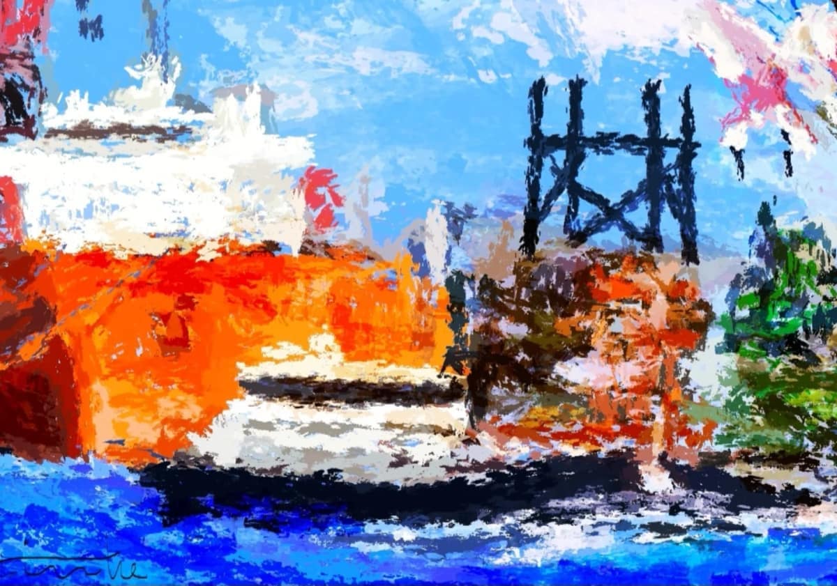 Havenimpressie, drieluik, digitaal geschilderd, print op canvas door Rinke Baaima