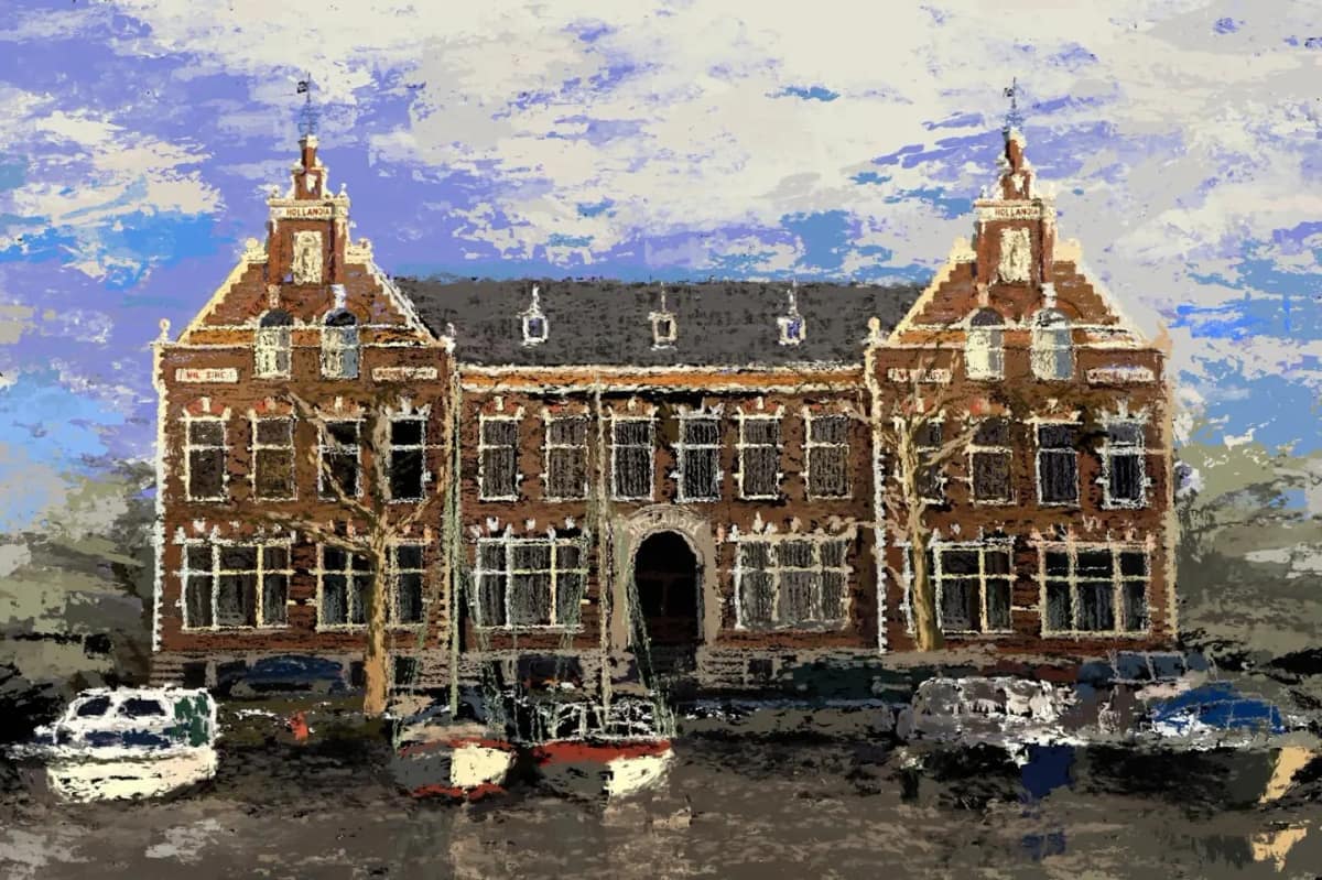 Hollandia-gebouw, Oosthavenkade, digitaal geschilderd, print op canvas door Rinke Baaima