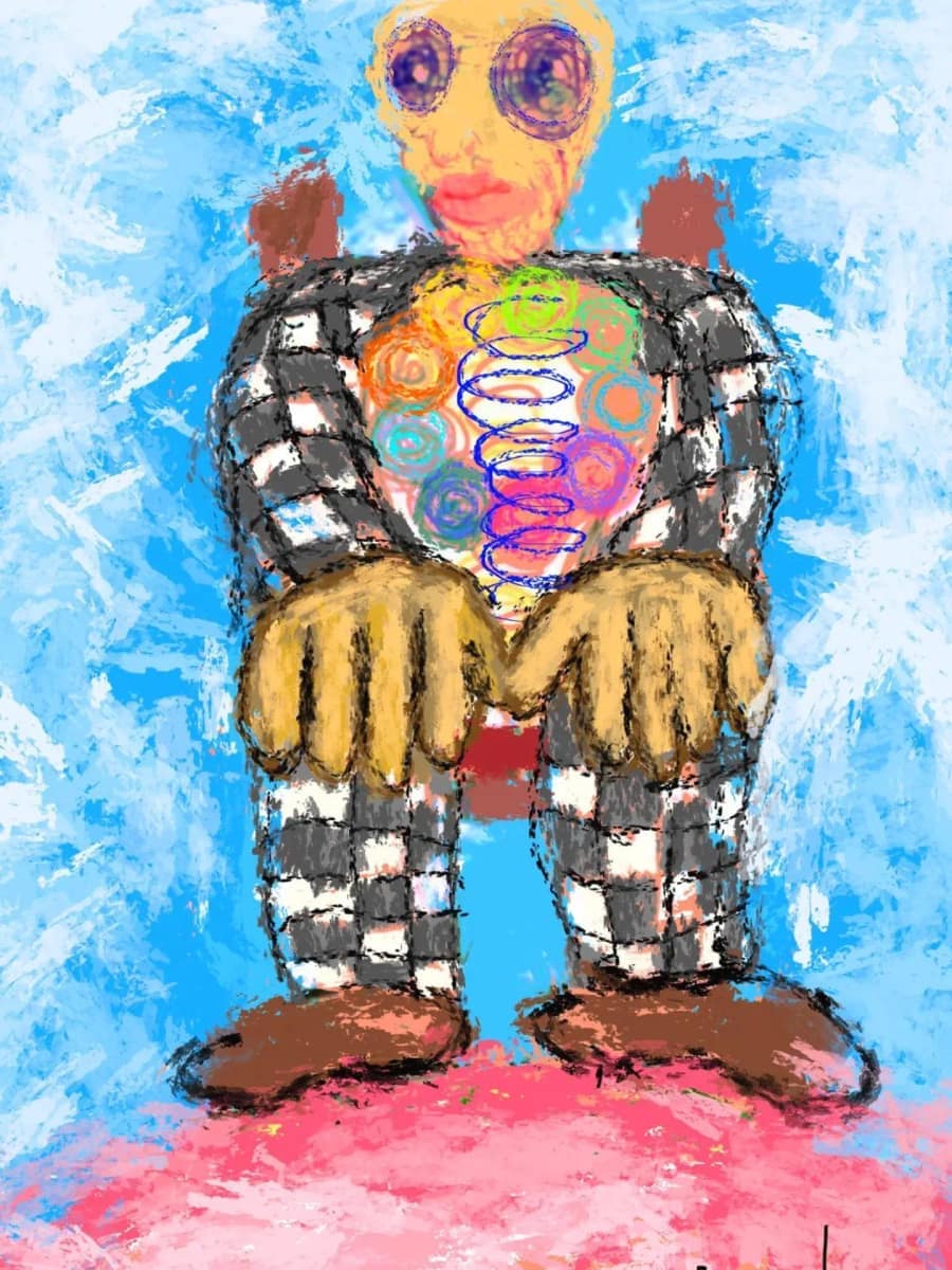 Man op een stoel bij de kachel, digitaal geschilderd, print op canvas door Rinke Baaima