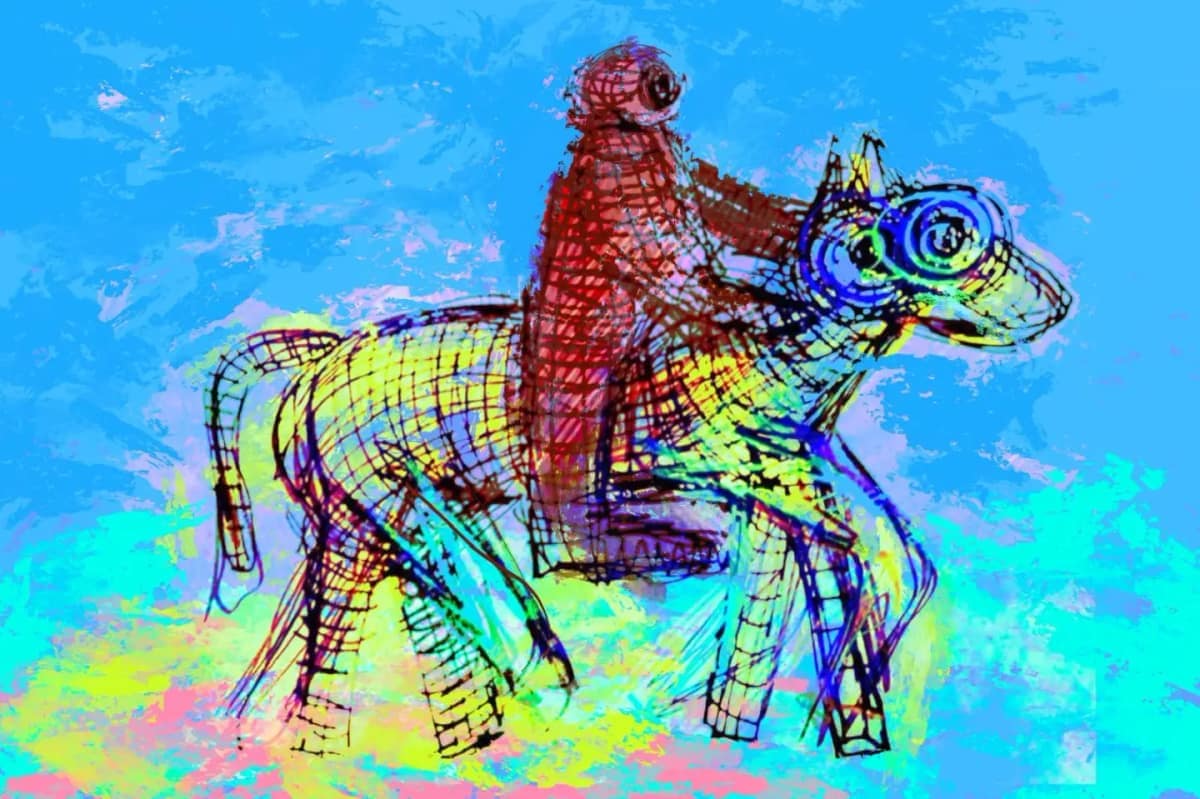 Ontmoeting met het paard op de dijk, digitaal geschilderd, print op canvas door Rinke Baaima